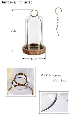 12" High Versatile Vintage Brass Metal Candle Holder with Handmade Sturdy Glass Dome and Natural Wooden Base for Pillar Candle & Plants, Industrial, Farmhouse, Shabby Chic, Display Cloche Bell Jars - Image 2