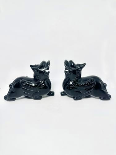Pair of Pixiu Fengshui Statue, Black Obsidian Gemstone Pixiu Statue, Home Decoration Gift Idea Lunar New Year (5.1" L) by NATURALMARBLE
