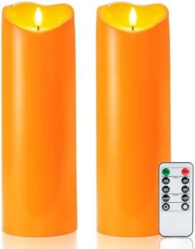 Homemory 4"x12" Halloween Orange Flameless Candles, Fall Candles, Outdoor Waterproof Flameless Candles with Remote and Timers, Battery Operated LED Pillar Candles, Won't Melt Plastic, Set of 2 by Homemory