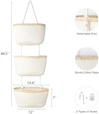TeoKJ Over the Door Hanging Basket, 3-Tier Woven Cotton Wall-Mounted Storage Organizer Bag Decorative Hanging Nursery Baskets, White & Light Brown - Image 2