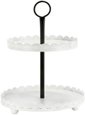 Wooden Farmhouse Round Two Tiered Tray Stand with White Metal Floral Edge by SYNCVIBE