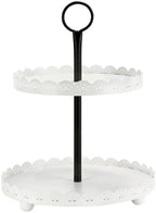 Wooden Farmhouse Round Two Tiered Tray Stand with White Metal Floral Edge by SYNCVIBE