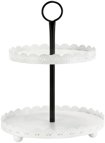 Wooden Farmhouse Round Two Tiered Tray Stand with White Metal Floral Edge by SYNCVIBE