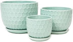 Ceramic Flower Pots with Drainage Hole and Saucer, Modern Round Succulent Planters with Honeycomb Inspired Texture Design, Small to Medium Sized, Set of 3, Green - Image 4