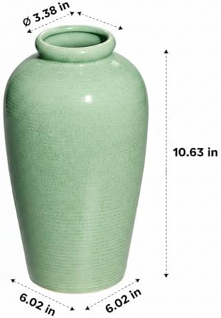 Green Ceramic Vase - 11 Inch Tall Modern Flower Vase for Pampas Grass, Pottery Decorative Vase for Centerpieces, Farmhouse Decor, Living Room, Kitchen, Shelf, Table Decor - Image 2