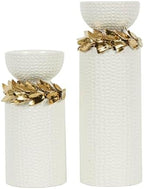 Deco 79 Ceramic Decorative Candle Holder Candle Stand with Abstract Spotted Pattern and Gold Leaf Accents, Set of 2 Candlestick Holder 12", 9" H, White - Image 7