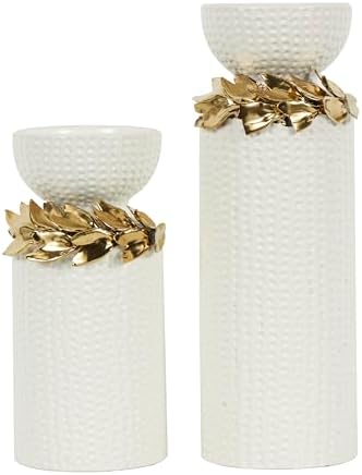 Deco 79 Ceramic Decorative Candle Holder Candle Stand with Abstract Spotted Pattern and Gold Leaf Accents, Set of 2 Candlestick Holder 12", 9" H, White - Image 7