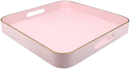 Pink Square Decorative Tray with Handles, 13"*13" Versatile Serving Tray for Coffee Table, Ottoman, Ideal for Serving, Displaying, Organizing by Omuriko
