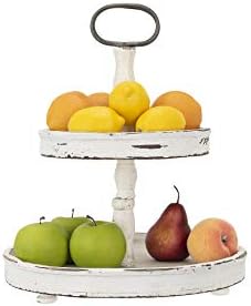 Creative Co-Op Distressed Cream Wood 2-Tier Tray with Metal Handle - Image 3