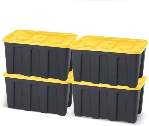 HOMZ 4-Pack Durabilt Tote, Heavy Duty Plastic Storage Bins with Lids, 34 Gallon, Black/Yellow - Stackable Organizing Containers for Home, Garage, and Office by Homz