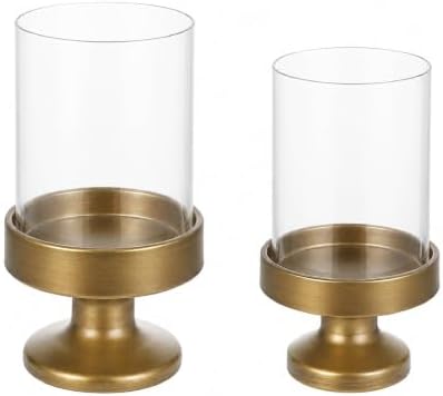 Set of 2 Glass Hurricane Candle Holders for Pillars with Metal Base in Antique Brass, Glass Candle Holder, Centerpiece, for Weddings, Dinner Parties, Dining Tables, Console Tables, Mantels by Unknown