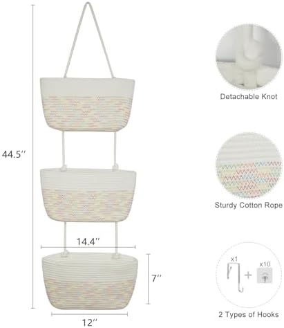 TeoKJ Over the Door Hanging Basket, 3-Tier Woven Cotton Wall-Mounted Storage Organizer Bag Decorative Hanging Nursery Baskets, White & Rainbow Stitching - Image 5