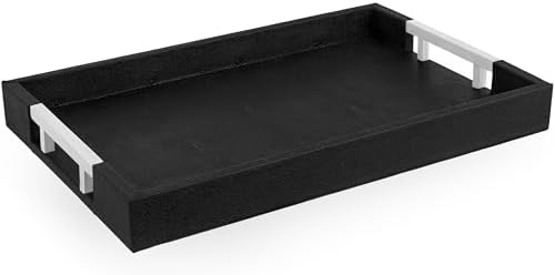 Modern Elegant 17.5"x12" Black Rectangle Shagreen Faux Leather Decorative Tray Ottoman Coffee Table Perfume Living Room Kitchen Serving Tray with Silver Metal Handles for All Occasion's by HomeRedefined