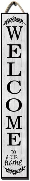 64x8 Inch Rustic Farmhouse Style Vertical Welcome Sign for Front Porch - Wood Plank Set, Heartfelt "Welcome to Our Home" Message, Fits Indoor & Outdoor Spaces by Hilonret