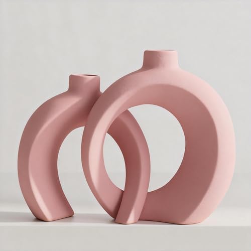 Set of 2 Pink Ceramic Vases for Home Decor Accents - Unique Hollow Donut Artistic Design Coquette Feminine Style Decorative Vases for Shelf, Mantel, Entryway Table Decor (Matte Pink) by Jonronboci