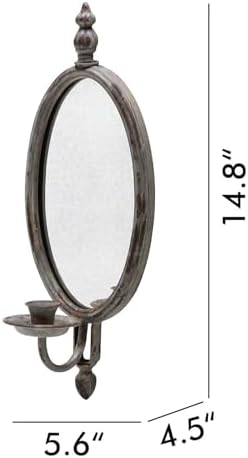 SOFFEE DESIGN Antique Metal Candle Sconces Candlestick Holder Wall Mounted Distressed with Oval Faded-Looking Mirror - Image 4