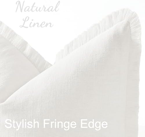 decorUhome Linen Fringe Cream White Throw Pillow Covers 24x24 Set of 2 - Image 2