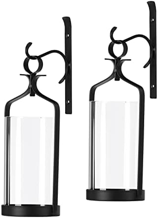 Hanging Hurricane Glass Wall Sconce Candle Holder Black Metal Wall Decorations Set of 2 HLJ15-291B2 by Souliron