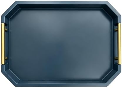 Decorative Wood Serving Tray with Polished Gold Handles, Octagon MDF Tray, Glossy Finish, 16x12 Inch, for Coffee Table, Ottoman (Blue) - Image 5