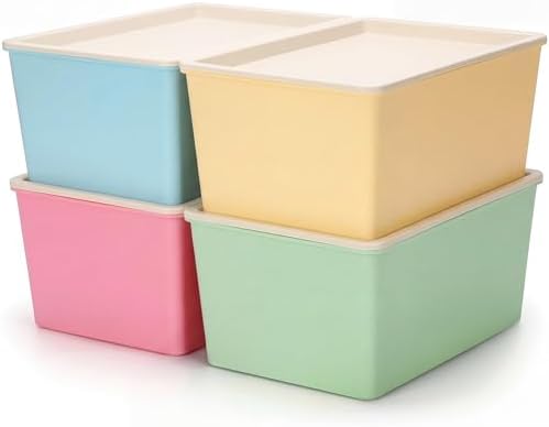 Menkxi 4 Pcs Storage Bins with Lids, Red, Green, Yellow, Blue, Small by Menkxi