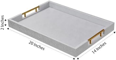 14x20 Inches Silver Faux Leather Wrapped Wood Serving Tray with Metal Handles for Various Occasions, Ottoman, Home Decor Decorative, Living Room, Coffee Table Organizer, Serving Breakfast On Bed - Image 2