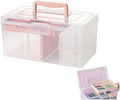 Clear Plastic Office Supply Art & Craft Storage Box, Sewing Box Organiser Large with a Removable Tray & Adjustable Partition, Portable Travel Makeup Case (Clear & pink) by Foreverie
