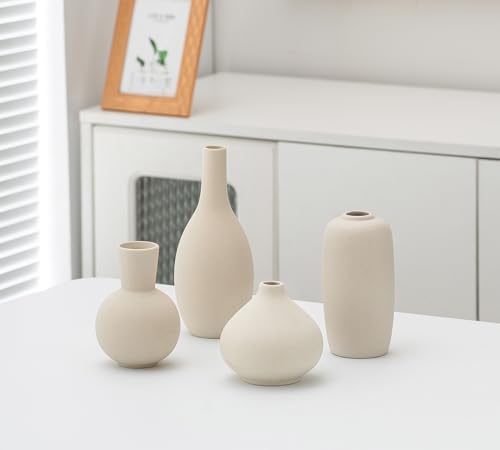 Beige Ceramic Vase Home Decor Small Flowers Vase Set of 4 Living Room Decoration Bookshelf Bedroom Kitchen Dining Table Modern Farmhouse - Image 7