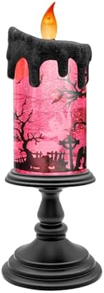 Halloween Snow Globe Candle with Pink Graveyard Scene – LED Flameless Candle with Water Glitter Swirls, Battery Operated Light Up Halloween Decoration for Indoor Tabletop or Mantel - Image 2
