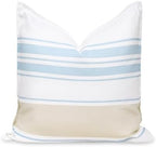 Hofdeco Premium Coastal Patio Indoor Outdoor Throw Pillow Cover Only, 20"x20" Water Repellent for Backyard, Couch, Baby Blue Neutral Tan Stripes by HofdecoPremium