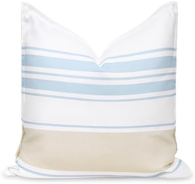 Hofdeco Premium Coastal Patio Indoor Outdoor Throw Pillow Cover Only, 20"x20" Water Repellent for Backyard, Couch, Baby Blue Neutral Tan Stripes by HofdecoPremium