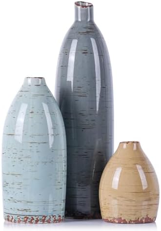 Vintage Ceramic Vase Set of 3, Farmhouse Decor, Home Decorative Vase, Vases for Your Kitchen, Bedroom, Living Room, Bathroom, Coffee Table, Mantle, Bookshelf, & Shelf Centerpiece Table Decoration by QIANLING