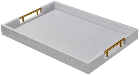 14x20 Inches Silver Faux Leather Wrapped Wood Serving Tray with Metal Handles for Various Occasions, Ottoman, Home Decor Decorative, Living Room, Coffee Table Organizer, Serving Breakfast On Bed by Unknown