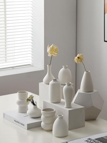 Set of 9 Ceramic Bud Vases for Pampas Grass Flowers, Small Vases in Bulk for Centerpieces Boho Vases for Wedding Decorations Neutral Living Room and Bedroom Decor DIY Gift (White) - Image 5