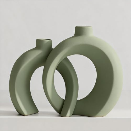 Set of 2 Sage Green Ceramic Vases for Home Decor Accents - Unique Hollow Donut Artistic Design Modern Boho Farmhouse Style Decorative Vases for Shelf, Mantel, Entryway Table Decor (Matte Green) by Jonronboci