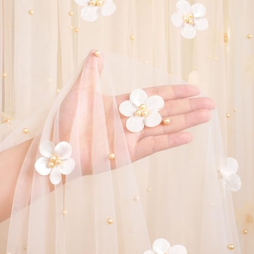 3 Pack Champagne Pearl Tulle Tablecloths 10ft Floral Sheer Table Linens - Image 4