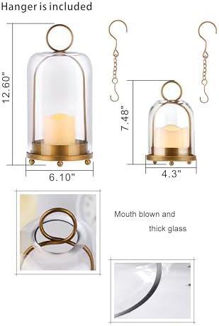 6" & 4" Wide Versatile Modern Metal Hurricane Lantern with Handmade Sturdy Glass Dome in Vintage Brass for Pillar Candle & Plants, Industrial, Farmhouse, Shabby Chic (Brass, 4"x7.5" &6.3"x11.2") - Image 2