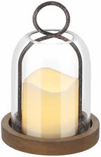 7.5" High Versatile Rustic Metal Candle Holder with Handmade Sturdy Glass Dome and Brown Wooden Base for Pillar Candle & Plants, Industrial, Farmhouse, Shabby Chic, Display Cloche Bell Jars by Unknown