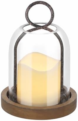 7.5" High Versatile Rustic Metal Candle Holder with Handmade Sturdy Glass Dome and Brown Wooden Base for Pillar Candle & Plants, Industrial, Farmhouse, Shabby Chic, Display Cloche Bell Jars by Unknown