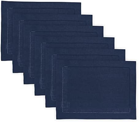 Solino Home 100% Pure Linen Placemats Navy Hemstitch, 14 x 19 in, Set of 6 by SolinoHome