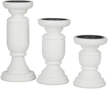 Deco 79 Mango Wood Turned Style Pillar Candle Holder, Set of 3 10", 8", 6"H, White - Image 6