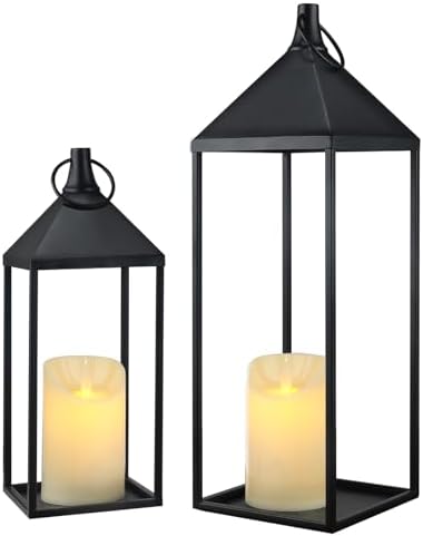 17" 13" Modern Farmhouse Candle Lantern Decor Set of 2 Black Metal Candle Lanterns with Flameless Candles, Lanterns Decorative Indoor for Fireplace Mantle Table Outdoor Lanterns for Patio Porch Garden by Unknown