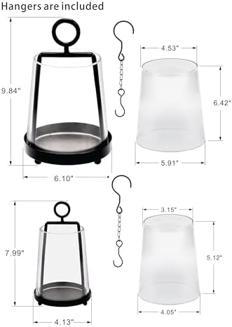 6" & 4" Wide Modern Farmhouse Metal Hurricane Candle Holder with Handmade Sturdy Glass Sleeve in Black for Pillar Candle & Plants, Glass Hurricane Lantern, Industrial, Minimalistic - Image 2