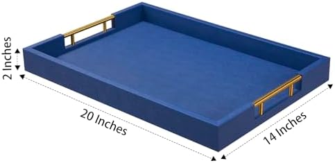 14x20 Inches Blue Faux Leather Wrapped Wood Serving Tray with Metal Handles for Various Occasions, Ottoman, Home Decor Decorative, Living Room, Coffee Table Organizer, Serving Breakfast On Bed - Image 2