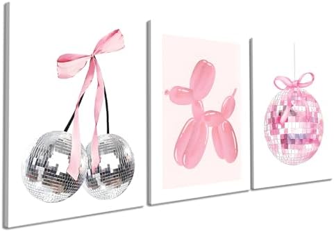 Framed Pink Disco Ball Wall Art Set of 3, Cute Cherry with Bows and Balloon Dog Posters Print, Trendy Pink Aesthetic Party Wall Decor for Teen Girls Bedroom Dorm Apartment 12x16in by Unknown