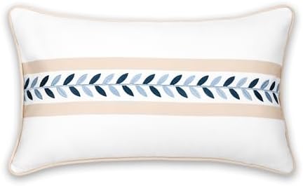 Hofdeco Premium Coastal Patio Indoor Outdoor Lumbar Pillow Cover Only, 12"x20" Water Repellent for Backyard, Couch, Neutral Tan Embroidered Frame Leafs with Piping - Image 6