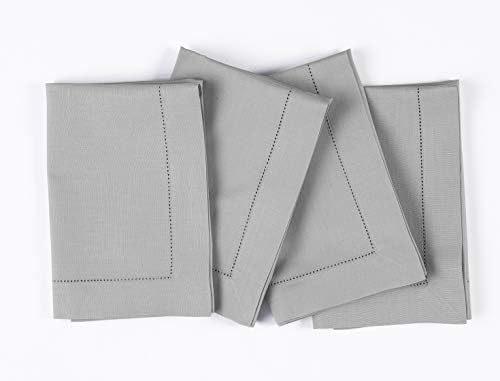 Solino Home Cotton Linen Napkins Light Grey Hemstitch, 20 x 20 in, Set of 4 by SolinoHome