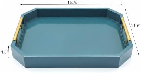 Decorative Wood Serving Tray with Polished Gold Handles, Octagon MDF Tray, Glossy Finish, 16x12 Inch, for Coffee Table, Ottoman (Teal) - Image 3