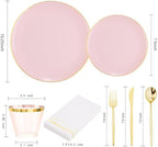 MirthMood 350PCS Pink Plastic Plates with Gold Rim,Plastic Dinnerware Set - Image 2