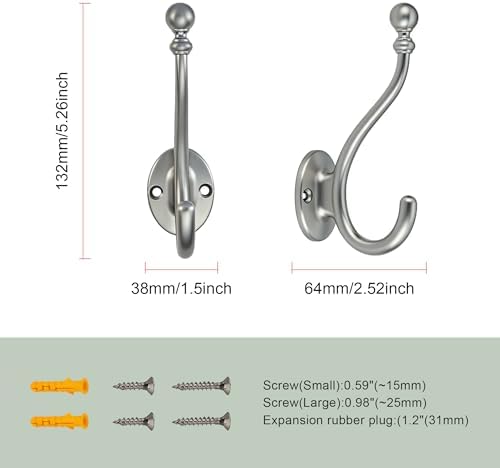 AVICCI 5 Pack Coat Hooks Brushed Nickel Coat Hook,Heavy Duty Hooks Decorative Wall Hooks for Bathroom Bedroom Kitchen Towel Robe Clothes Cabinet Closet Bathroom Hardware - Image 2