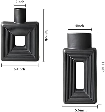 Black Ceramic Vase Set of 2，Square Vase Rustic Home Decor Minimalist Nordic Boho Style for Living Room, Shelf, Table, Bookshelf, Mantel and Entryway Decor Vases - Image 6